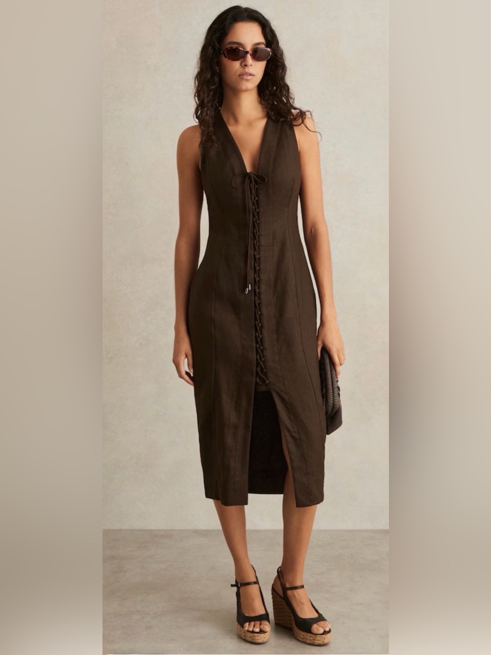 Reiss NWT $320 Amelia Lattice-Front Linen Midi Dress Chocolate Brown 8